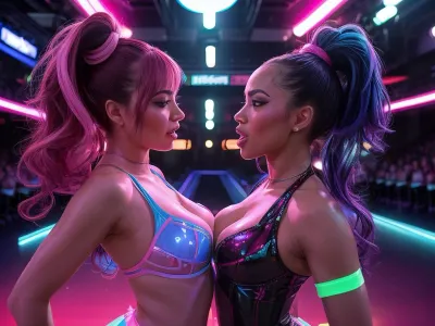 Two women are intimately engaging in sex on a strip club stage, bathed in the glow of neon lights. Both women have athletic, hourglass figures with high, big, round breasts and noticeably large nipples. One woman's mouth is slightly open in a suggestive expression as their faces are pressed close together. Around them, other women with similar body types dance seductively. Their faces reflect the vibrant neon light. The lighting is dominated by intense pink, blue, and purple neon, creating stark contrasts between brightly lit areas and deep shadows. Reflections of these neon lights shimmer on the polished stage floor and the women's skin. The scene is captured with a shallow depth of field, bringing the central couple into sharp focus while slightly blurring the background to enhance intimacy.