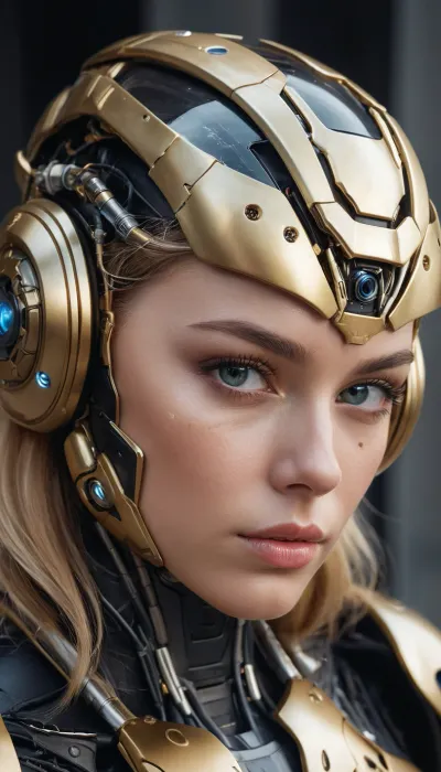 photo, 8k portrait of beautiful cyborg with blonde hair, freckles, intricate, elegant, highly detailed, majestic, digital photography, art by artgerm and ruan jia and greg rutkowski surreal painting futuristic robotic armor helmet, full skull covering, memory form metal, black and gold armor color, Iron man style, badass powerful armor, broken glass, (masterpiece, sidelighting, finely detailed beautiful eyes:1.2), hdr, realistic, high definition, <lora:add-detail-xl:-1>