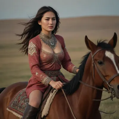 Central Asian girl riding a horse in the steppe. Open chapan, (Exposing breast:1.2), Uhd, 32k, masterpiece