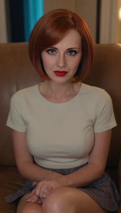 A RAW photo, close up, face focus, 1/2 body view, soviet mature woman, ((completely clothing)), (curvy body), ((auburn bob haircut)), 40 years old, perfect face, blue eyes, (bright makeup:1.5), red lipstick, sitting on sofa, microskirt, extremely, short, skirt, <lora:MicroSkirt_XL:.5>, wearing, edgMechagirl, add, mecha, musume, related, tags, <lora:edgEroMechaSDXLv1:.8>