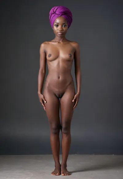 Submissive portrait of a, ((very petite:1.8)), (18 year old), (Congolese woman naked), (ultra dark black skin), (pussy shaved), perfect resolution, (((completely naked))), (((full body visible))), (((facing camera directly))), (((flat chested))), (((standing straight))), gorgeous, long closed cameltoe, small lips, delicate nose, very sexy smile, front view, purple turban, hands by her sides