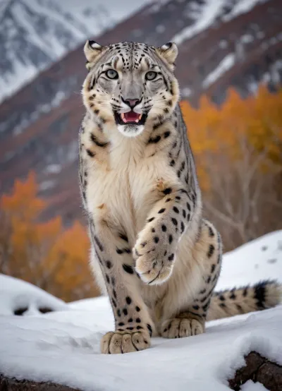 (The snow leopard wrapped his long tail around his body and held it in his mouth), ((clamped the tip of his tail with his teeth)), dynamic movement, beautiful scenery, colorful photo.