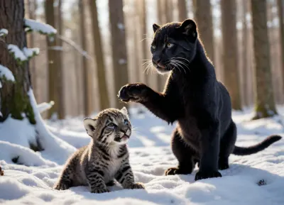 Photorealistic image, Playful tussle between a black panther cub and a snow leopard cub in a sun-dappled snow-laden forest. Wide angle. Shallow depth of field.