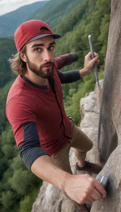 cinematic photo hird person pov mountain climbing, (birdeye view:2), extreme perspective looking from top of the cliff down on The bearded woodcutter, (freeclimbing:2), up the rockface in a bleak, hot, rocky desert landscape. an expression of fear and concentration, dramatic sky, (Ultra detailed:1.4), background, Golden Ratio, dutch angle, (from above:2), wide camera angle actions scene, foreshortening, intricate detailed, textures, hyperrealistic, misc, 35mm photograph, film, bokeh, professional, 4k, highly detailed, masterpiece, best quality, The bearded woodcutter, pinochle, solo, side slit, long hair, nun, black dress, long sleeves, incense burner, veil, habit, cowboy shot, blunt bangs, standing, (((smoke cigarette))), piercing, half-closed eyes, looking at viewer, red eyes, dark, penumbra, from side, (((holding cigarette))), hand on hip, newest, vibrant, stunningly beautiful, crisp, detailed, sleek, ultramodern, subtle shadows, high contrast, cinematic, ultra detailed, intricate, dynamic pose, interesting angle, eye catching composition, (((depth of field:2))), (((forced perspective:2))), amazing quality, very aesthetic, absurdres, puzzled expression, spoken question mark, volumetric lighting, <lora:detailed_notrigger:1>, <lora:add-detail-xl:1.1>