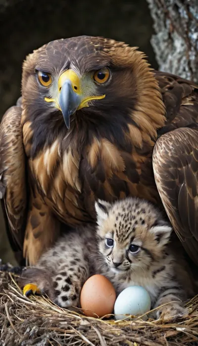 A RAW photo, A golden eagle with eggs and a snow leopard cub, nestled together in a nest high in the mountains., <lora:WildcardX-XL-Detail-Enhancer:.8>