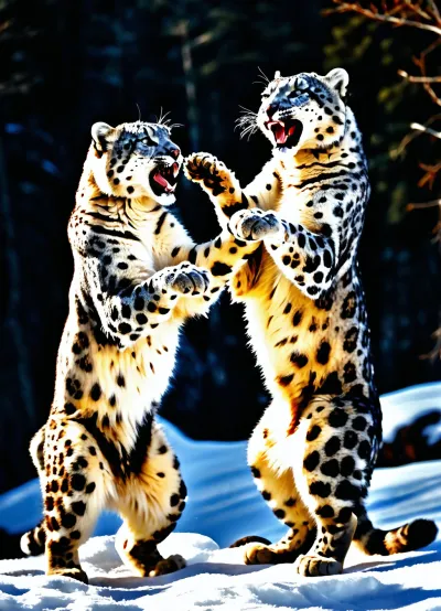(Two snow leopards grinning teeth fight with each other standing on their hind legs), ((clawed paws flicker through the air)), the dynamics of movement, against the background of nature, accurate drawing, both in full height.