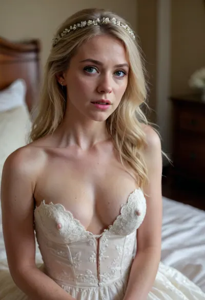 fearful beautiful blonde woman in wedding dress mostly torn off of her, nearly naked, cum in pussy, cum on breasts, wrists pinned by viewer, after rape, masterwork
