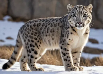 (snow leopard kitten stands with four paws on top of the back of a large female mother), playful look of a small snow leopard, which, ((put his paws around the neck of the female)), beautiful nature, accurate drawing.