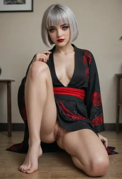 Emo girl, girl 25 years old, silver hair, (bob cut with bangs:1.5), smile, Blue eyes, goth girl, goth makeup, red lipstick, cat eye makeup, smudged makeup, full body, kimono, wet pussy, hairy pussy, open pussy