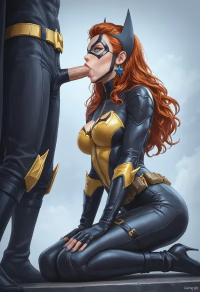 A full-body depiction of Batgirl, kneeled, Giving a deep blowjob to 1 man. She has a toned, athletic physique wrapped in a sleek, form-fitting Batsuit that contours to her curves. The suit is made of a high-gloss, armored material — black with subtle blue highlights — and features a bold, gold bat emblem stretched across her chest. Her utility belt sits snugly at her waist, emphasizing her hourglass shape.

She's kneeled with closed legs. Hands on the man's legs. Her cape flows behind her, parting slightly to reveal the back curves of her suit and the strong lines of her legs.

The boots are sleek, heeled, and reach just below her knees, and her gloves are fingerless at the tips, showing perfectly manicured hands ready for action. Her cowl frames her face, revealing sultry eyes behind glowing white lenses, and her long auburn hair spills freely from the back in loose, windswept waves.