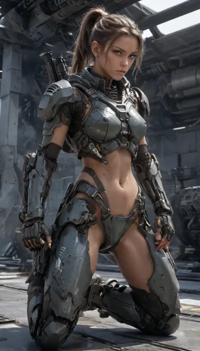 sexy deeply tanned, hair in a ponytail, realistic eyes, realistic oiled skin, uniform Starship Troopers futuristic combat harnesses, Bermuda, leg guard, elbow guard, gauntlet, gray hoodies, toplesse small armor camouflage gray.with a Futuristic AR rifle drawn, helm, hood, neotech, glowing, scifi, (nude breasts), 1girl, thigh_strap, o-ring, solo, small_breasts, wkas, (((Tactical gun pose on one knee))), <lora:NeoFuturisticTechXL:2>, <lora:wkas:2>, <lora:Mecha_Ggorgeous_Armor-000011:.4>, <lora:230394_training_data:.8>