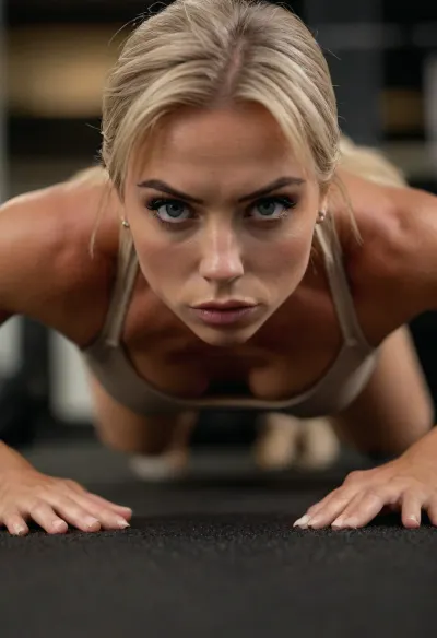ziprealism, (inspirational snapshot esthetic, inspirational poster), (athletic woman, bodybuilder, determined expression, muscular shoulders, sports bra, leaning forward, doing pushups:1.2), (f/2.8, shallow depth of field, medium closeup shot, Dutch Angles, focus on eyes:1.6), (creamy bokeh), (ash-blonde hair, thick voluminous hair, short cut hair, plunging bob cut, swept-back hairstyle:1.4), (catchlights, limbal rings, large expressive eyes, stunning eyes, perfect eyes, long delicate eyelashes), (strong jawline, angular features), igbaddie, <lora:igbaddie-XL:.4>, <lora:style_lora_realis:.8>
