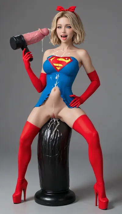 Bombshell bimbo slut Supergirl flying in the sky, Supergirl outfit, with wide spread legs showing wet pussy sat on top of giant dildo, huge round bimbo boobs, very happy smiling mouth, tiny waist, strong blushing cheeks, Larger than xxxl dildo cum dripping from anus, hyper huge giant anal insertion, full body view, very skinny thin legs, wearing blue long gloves, blue long gloves, (frilly striped thigh high red stockings:1.2), frilly white and red heels, res heels, heels with bow, ahegao, Cum Covered penis, cum covered testicles, dripping from vagina, Solo Girl, Dildo stroking, cockring, skinny small body very wide hips, wide pelvis to fit 2 giant dildo, very high Red and Blue wool platform shoes, very high stomach bulge, Giant Goliath dildo by Hankey Toys, extremely hyper wide dildo too big for girl and stretches anus to breaking point, hyper extreme, anal black dildo, extreme insertion, hyper insertion, double dildo penetrates her anus and lifts her of her feet, Full body in view, Giant sized anal dildo with huge balls, Biggest black rubber dildo imaginable, show full body in view, (ultra, HD, quality, details), (black, eyes), 1girl, large, breasts, big, boobs, huge, tits, <lora:bombshell_v2:.5>, <lora:ThePitXL:.5>
