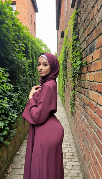 This is a highly detailed selfie of a, (anorexic young muslim woman:1.3), posing outdoors in a sunlit garden. Her bodyheight is incredibly short. Her Hair is fully covered by her Hijab. Her skin is fair, and she has a soft, delicate complexion. She is dressed in a proper maroon hijab. She is also wearing a matching abaya. Her abaya is very wide and loose and covers her whole body appropriately. Her makeup is subtle, with a focus on her eyes, which are accentuated with dark eyeliner and mascara, and her lips are painted a soft pink. Flat chested. Her chest is flat and her breats tiny. Fully clothed. teasing her cute small butt.

The background features a narrow alleyway tucked behind an old building, creating a secluded space shielded from prying eyes. The rough brick walls rise high on either side, partially covered in ivy and creeping vines that soften the harsh lines. A faint scent of damp earth mingles with the air, adding to the hidden atmosphere. A few scattered crates and discarded items line the ground, providing additional cover and creating an intimate setting. The dim light filters through a small gap between the buildings, casting soft shadows that dance along the walls. This concealed nook offers a sense of security and privacy, ideal for those seeking a moment away from the world.