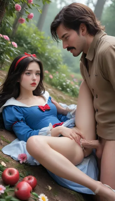 Photorealistic, detailed, masterpiece. Slender long haired Princess Snow White lying on fairytale green meadow full of flowers, fucked by a hunter. He wears dirty hunter clothes and have massive moustache. Snow White holds a bitten apple., (Vaginal penetration), (Hairy pussy:.7), Side view, full bodies, upskirt, wet pussy, cum on her dress, perfect eye details, rating_9