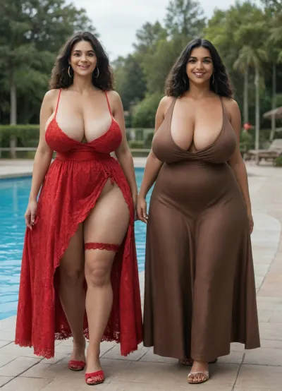 two 40 year old woman, two woman, very tall woman, large waist area, (two tall and large thigh curvy woman:1.7), very healthy tits, (dark skinned woman:1.1), wide hips, round buttocks, (smiling:1.3), chubby, (Layers for Straight black Hair:1.4), full lips, full length, (They are wearing sexy indian dresses:1.8), sexy, (sexy large cleavage area:1.6), laugh out loud, Casual, (big saggy breasts:1.9), (red lace panties:1.4), not nude, not naked, (bridal garter:1.4), Walking on the poolside, Casual poolside walk, Strolling along the poolside, poolside walk, Their face is looking at the viewer, eyes looking at the viewer