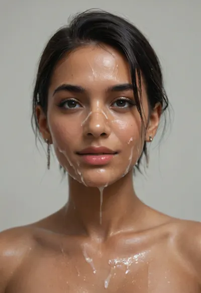 Indian woman, (sleek straight cut hair:1.2), (shoulder hair), (black hair), hooked nose, plucked eyebrows, dark complexion, smile, (transparent liquid, wet face:1.2), (cum on her face, bukakke:1.3)
