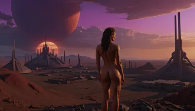 An industrial alien landscape, abandoned alien city, filled with nude athletic women, (lone nude relief athletic muscular woman masturbating in the distance), looks familiar, but wrong, citadel from half-life 2, (two suns at the sky of different sizes), (pink and purple colors dominating), oil, canvas, Masturbating, <lora:Masturbating on Corner:1>