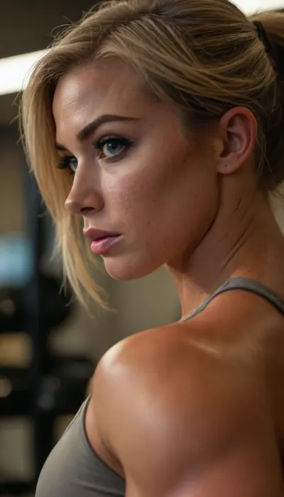 ziprealism, (inspirational snapshot esthetic, inspirational poster), (athletic woman, bodybuilder, expression of determination and focus, muscular shoulders:1.2), (f/2.8, shallow depth of field, layered composition, medium closeup shot, Dutch Angles, shot in profile:1.6), (creamy bokeh), (ash-blonde hair, thick voluminous hair, short cut hair, plunging bob cut, swept-back hairstyle:1.4), (catchlights, limbal rings, large expressive eyes), (strong jawline, angular features, large teardrop breasts), igbaddie, <lora:igbaddie-XL:.4>, <lora:style_lora_realis:.8>