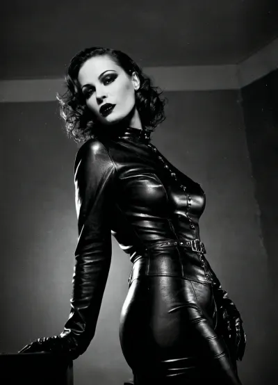 (vintage horror portrait:1.4), (dramatic lighting:1.4), (high contrast:1.2), (black and white:1.2), intense piercing glare, deep shadows, eerie, theatrical, moody, menacing smirk, grainy texture, haunting, unsettling, historic, stark, bold, textured, mysterious, dramatic shadows, chiaroscuro, evocative, dark, vintage film style, (Dutch angle, low angle:1.4), (a bdsm dominatrix in her iconic black leather outfit:1.6), (scanned photo from a disposable camera:1.6), night time dark room, lights off