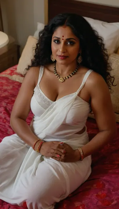 ((38 year old Indian mature aunty bbw woman, bindi, sindoor, mangalsutra necklace, long voluminous layered puffed stylish very long hairs over one shoulder), huge boobs, milf, chubby fat), fully laying down resting on flowers petals bed of bedroom hands raised above shoulders into the hairs pose seducing legs bent, picture taken from above and, full length size picture, ((with a afroamerican 55 yo built muscular best hairstyle 1man), hugging romantic with her), (colorful safron deep v neck sleeveless white saree), full jewellery nacklace, seducing naughty smirk, long earrings, full makeup, high heels, mascara, big lips, red lipstick, eye liner, view from top, facing the viewers, whisper in ears, seducing flirting stylish pose, Fashionable, short sleeves, ((with a afroamerican best hairstyle 55 yo built muscular 1man hugging romantic with her)), very romantic cuddling squeezing hands, with afroamerican man 55 yo dancing, Seltin, unhooking opening bra, <lora:390271_training_data:.8>