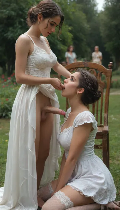 outside in a Victorian garden, many people, crowded, Two elegant futanari having oral sex, one futanari is seated in a lawn chair and the other futanari is kneeling in front of her, 20 years old blond futanari with braided hair and 23 years old brunette futanari, pale skin, oral sex, (oral:1.9), moaning, shaved penis, lesbian domination, white dresses and white garter belt and white panties with white choker with a cross hanging from it, tanned skin, makeup, (medium sized penis:1.9), regular sized penis, fully clothed, elegant dress, dress lift up, soaked hair, slender bodies, domination, shy, cum, cumming, cum on chest, shocked people watching them, detailxl, erect-futa, erect-penis, woman, testicles, erection, JANEGILTICUS, <lora:MJ52:1.3>, <lora:SDXLlora13ErFut:.8>, <lora:JANEGILTICUS_last:1.3>, <lora:add-detail-xl:.8>, <lora:255700_training_data:.8>