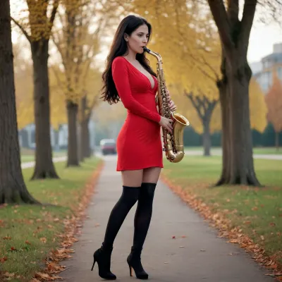 8K Luxury Pictures, 35 year old beautiful model playing Long saxophone, with black long hair, with sexy red spandex mini dress, left breasts naked outdoors, wearing red and black nylon stockings, wearing high heel stretch boots
