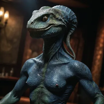 full body view, (not human but humanoid body type, alien body, alien proportion, alien anatomy, (cobra-like face), green blood, ((blue skin), scaly snake skin, reptile-like skin, scales)), alien female dancing on stage, in nightclub, surroundend bx cloud, (full-length image:1.3), made, of, r3psp1k3s, reptile, skin, spines, <lora:r3psp1k3s:.8>
