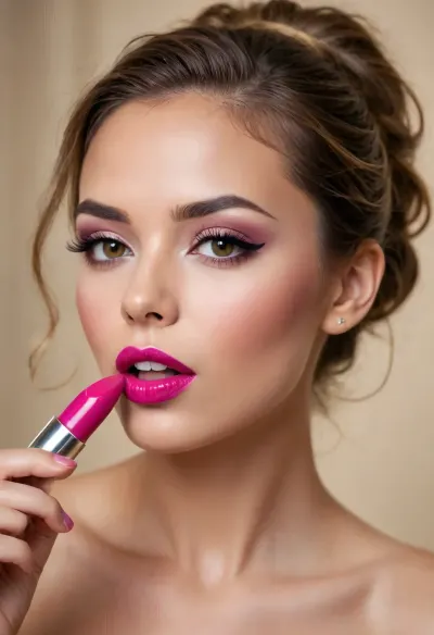 COPYRIGHT, High-gloss graphics, brightly lit face with high luminance, close-up, a beautiful coquettish woman, she is applying lipstick to her lips, lipstick, lingerie, excellent style, olive skin, light brown elaborate hairstyle, light brown eyes, moist {magenta} bright lips, a lipstick applied to the mouth, dynamic movements, beige background, END, ///©KITTY-ART///








///©KITTY-ART///