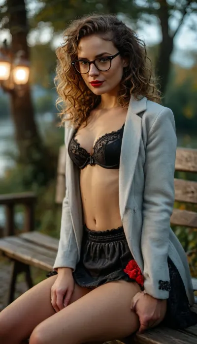 near river at Moonlight, warm lightning, woman on a bench, very beautiful 32 year old woman, glasses, brunette, curly hair, curls, long hair, red lipstick, mascara, back view, perfect make-up, lying on bench, lifting skirt, elegant black and red skirt, unbuttoned white shirt, showing embroidered black bra, (show nipples), fingering, ardor, black lace panties, wearing elegant grey coat, show pussy, perfect face, caressing pussy, upskirt, showing panties, hairy pussy, Undressing, unwearing with haste, show butt, sexuality, raw, FRESHIDEAS, Real, Photography, 2#, <lora:MJ52:.9>, <lora:255596_training_data:1.6>, <lora:fresh ideas@Ultra HD portraitsXL_V2.0:.8>, <lora:FRESHIDEAS Real Photography 2#:.8>