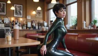 1girl cute tall very busty american woman, 33 years old, green eyes, black hair, pale, tanlines, small boobs, men milking her breasts in to a bottle, 8k uhd, dslr, high quality, detailed skin texture, highly detailed hair, sharp body, highly detailed body, realistic, soft focus, insanely detailed, highest quality, freckles, skin pores, skin imperfections, latex cat suit, pixie cut, in a cafe, full body view on hands and knees with ass raised high, seductive, glowing hair, sexy legs, high resolution photography on a canon camera, friendly, flirty