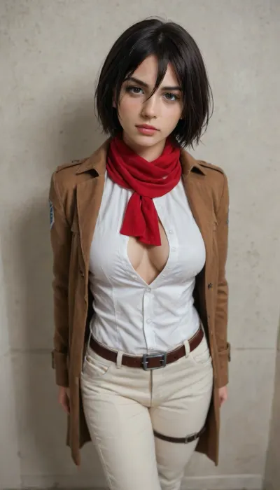 (Character), Mikasa Ackerman from Attack on Titan, (Costume), wearing her Survey Corps uniform, including a dark green cloak, brown leather jacket, white pants, and red scarf, (Physique), detail face, She has her black hair tied back, huge natural cleavage, unbuttoned shirt, curvy physique, panty visible, groin visible, (Accessories), holding dual Omni-Directional Mobility Gear blades, (Background), simple plain wall, (Expression), capturing her fierce and determined demeanor, confident expression, pants pulled down, (Image quality), 8k resolution, high definition, ultra high clarity, (View), POV view.