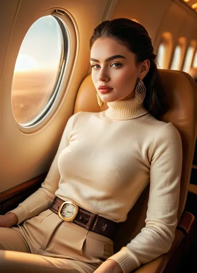 (masterpiece, best quality, photorealistic, HDR, cinematic lighting), 22-year-old Eastern European woman, voluptuous hourglass figure, flawless porcelain-fair skin with soft blush, high sculpted cheekbones, refined petite nose, large vivid emerald-green eyes, bold natural arched eyebrows, glossy full heart-shaped lips in soft rose lipstick, ultra-long straight jet-black hair cascading over shoulders, wearing a fitted cream cashmere turtleneck sweater, tailored navy trousers, gold belt buckle, diamond stud earrings, seated in a luxury first-class airplane suite, cream leather lie-flat seat, polished wood panels, gold accents, large oval window with sunset sky, holding a porcelain cup of coffee, looking outside with a serene expression, cinematic depth of field, warm golden lighting, <lora:MJ52:1>, <lora:SDXLHighDetail_v6-000005:.8>, <lora:Microwaist_XL_v01:.8>