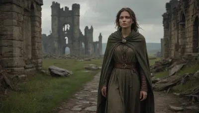 `Post-apocalyptic scene with nature reclaiming medieval ruins, ivy-covered stone castles, collapsed wooden watchtowers, overgrown cobblestone paths, and distant remnants of a shattered city with crumbling cathedrals. A weary woman in ragged, dirt-streaked clothing—patched woolen tunic, frayed cloak with a corroded clasp, scuffed leather boots—walks through a field of wild grass, her garments torn and stained with grime. She carries a dented copper flask, her face smudged with ash, sunlight filtering through haze to highlight the decayed landscape. 8k resolution, hyperrealistic textures, (weathered stone, matted fabric, oxidized metal), cinematic HDR lighting blending muted browns and gray-green tones, anti-aliasing, depth of field focusing on her figure against the ruins, ray-traced mist, lossless PNG format.`