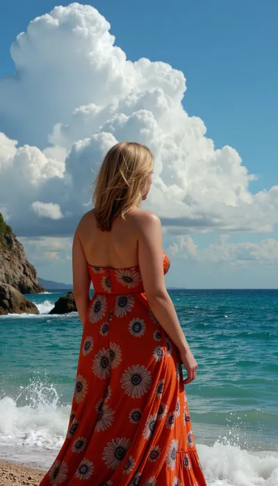 artwork a woman 50 year old looking at the sea, dramatic. key visual, vibrant, highly detailed