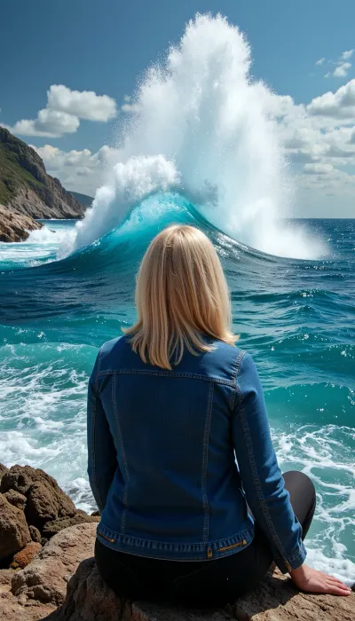 artwork a woman 60 year old looking at the sea, dramatic. key visual, vibrant, highly detailed