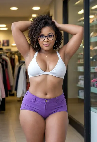 24year old black woman, exact features, exact eyes, exact cheeks, exact lips, ears and earrings, exact glasses, chubby, very curvy a little plump, dark brunette curly hair, realistic face, intricately detailed face, innie belly button, chubby tummy, in front of a dress shop fully clothed, really small shorts, ((booty shorts)), ((white Tank top)), ((Very small sagging breasts)), ((fancy purple heels)), ((from behind zoom on ass)), ((Daisy Dukes)), Chubby, Plump, Fat, Rolls, (((seductive look on face))), (((Face viewer arms up hands behind head)))