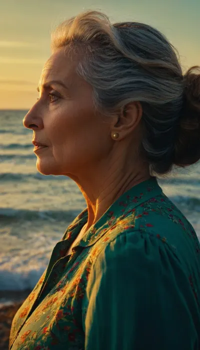 artwork a woman 60 year old looking at the sea, dramatic. key visual, vibrant, highly detailed