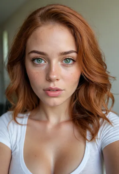 Ultra-realistic selfie of a young woman with deep warm medium-brown African skin tone with rich golden undertones, smooth texture, light freckles across her cheeks and nose, full lips, almond-shaped light green eyes, long vibrant copper-orange hair with a soft natural wave, thick and flowing down to her hips, natural medium-size breasts, (size 35B), wearing a white cropped t-shirt with black graphic print, casual indoor lighting, holding the camera at arm’s length, natural expression, slightly pouty lips, realistic skin texture, DSLR quality, high detail, 8k.