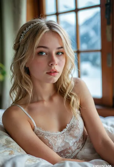 masterpiece, award winning photo, 18 years old girl, full lips, blonde, long Curtain Bangs haircut, lying on the bed, small breast, pussy, cock in pussy, detailed nipples, detailed eyes, slender skinny body, petite body, petite ass, doggystyle, naughty look, naughty expression, posing, kinky, dynamic photo, Insanely hot, kinky and sexual positions, you can see her petite ass, fetish, bride, intricately detailed face, snow mountains view in window, panoramic windows, cum in face, <lora:SDXLHighDetail_v6-000005:.5>, <lora:283625_training_data:.5>, <lora:MJ52:.5>, <lora:add-detail-xl:1.3>, green, eyes, blue, brown, perfecteyes, <lora:PerfectEyesXL:.8>