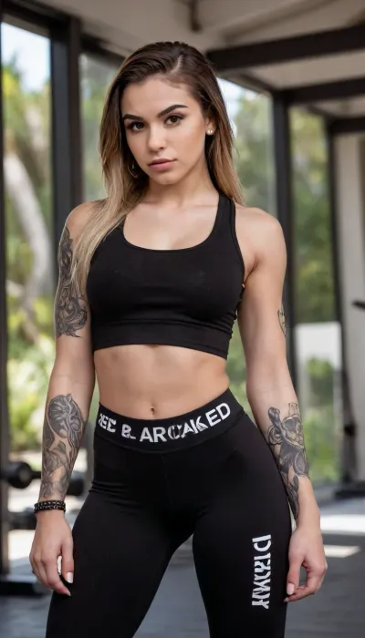 Girl, very young, very pale white hispanic girl, fitness instagram model, muscular, (((blacked clothing))), armpits, leggings, spades tattoo, thick eyebrows, <lora:BLACKED_girls:.6>