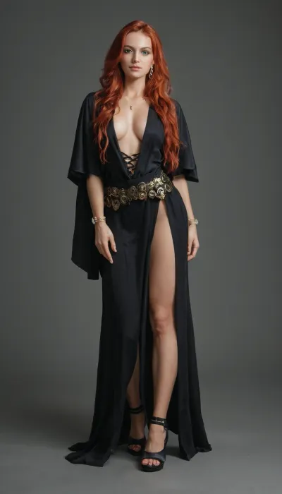 Full-body portrait of a graceful and charming half-elf bard, mid-30s, from Dungeons & Dragons, with flowing wavy crimson-red hair, vivid emerald-green eyes, and a confident, playful smile. She wears a fitted, flamboyant adventurer’s outfit with intricate embroidery, leather accents, and a swirling cloak that catches the wind. Two beautifully curved scimitars hang at her hips, their polished blades gleaming in warm golden light. Her stance is dynamic, blending the elegance of a dancer with the poise of a duelist. Fantasy setting, dramatic cinematic lighting, rich colors, ultra-detailed, high fantasy art style, by Magali Villeneuve and Dan Dos Santos, 8k resolution, hyper-realistic, masterpiece.