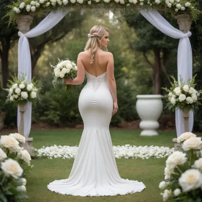 Elf bride standing by wedding alter, huge butt, hyper ass, butt too big for clothes, butt viable in tight clothes, simple shoulder less white bridal dress, tight dress covering entire body from the shoulders down, long blonde hair, ponytail, pointy elf ears, holding beautiful flower bouquet, hourglass shaped body figure, wide hips, very wide hips, voluptuous thighs and hips, thick thighs, outdoors wedding venue, white petals falling in the background, unable to see through clothes, form fitting clothes, butt overhang seen through dress, form fitting bell bottom mermaid dress