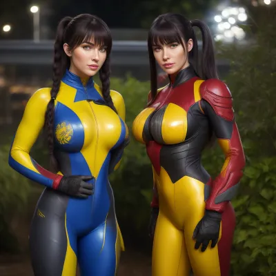 2 slim extremely busty Irish girls 19 yo, Claire Chust, hips long wavy hair, bangs, black hair, blond hair with pigtails, nighttime, wearing shiny red-yellow vaultsuit, shiny blue-violet vaultsuit, high-necked, covering complete body, (busty:1.6), masterpiece, bokeh, 8k, uhd, standing in a garden, professional photography, (slim:1.3), (tall:1.3), detailed face, detailed eyes, hyper realistic, ultra detailed, dynamic moves, high quality, best quality, 4k, raw, vaultsuit, pipboy3000, wearing, a, Vault, Suit, with, Leather, Armor, and, PipBoy, on, her, wrist, his, <lora:312968_training_data:1.4>