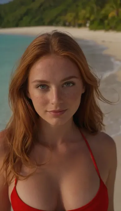 photo, 8k, ultimate realism, elegant, highly detailed, majestic, candid photo, (masterpiece, sidelighting, finely detailed beautiful eyes:1.2), hdr, realistic, high definition, natural busty body, 1990sanalogphoto, raw, light, leak, college student, British female, athletic, ginger hair, long straight hair, pale white skin, freckles, Green eyes, red bikini, at a beach in bora bora, smiling to the camera