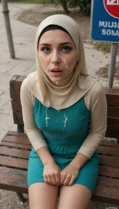 (UHD), solo, summer, nice weather, women sit on a bench, bus stop station, clothed, 25 young women, hijab, perspective from above, big boobs, sexy green dress, huge cumshot, surprise, 4k, cum on face, bukkake, cum, <lora:MS_Real_XL_Bukkake:1.4>