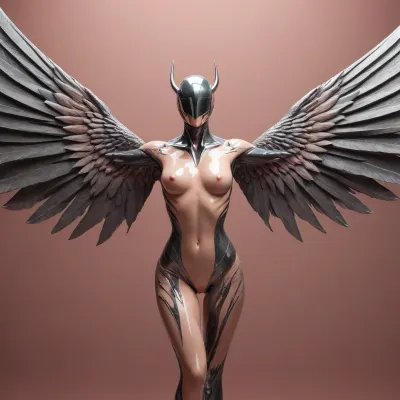 surreal neural duel cover. Split brain landscape, left IVORY PEAKS, right ROSY ABYSS. LEFT, SLENDER ANGEL, (26 y.o., athletic back), . MINIMALIST TRANSLUCENT WRAP, (waist-length), with swallow flock pattern, (#F0F8FF), . Wings, CRYSTAL SWALLOW FORMS. Holding OVAL SHIELD embossed with SHARP SWALLOW SILHOUETTE, (polished steel), . RIGHT, SLENDER DEVILESS, with graphite-rose skin. MINIMALIST TRANSLUCENT WRAP, (hip-length), patterned with STRAIGHT TAPERED CHROME CYLINDERS, (#B0B0B0), . Horns, TWO VERTICAL STEEL CYLINDERS, (bullet-tips), . Weapon, SPEAR of interlocked cylinders. ACTION, Angel blocking with shield, Deviless thrusting spear – kinetic clash. Between them, FRACTAL PEACH LIGHTNING, (#FFDAB9), . TEXTURES, Muscle definition, faceted crystal, brushed steel. COLOR PALETTE, Ivory, (#FFFFF0), peach glow, (#FFE5B4), graphite, (#383838), steel, (#C0C0C0), . LIGHTING, Top-down radiance highlighting backs/shoulders. Mood, Cerebral tension, synaptic combat. NO TEXT. Ultra-detailed, shield engraving, cylinder facets, (wing refraction. --style raw --ar 1:1)
