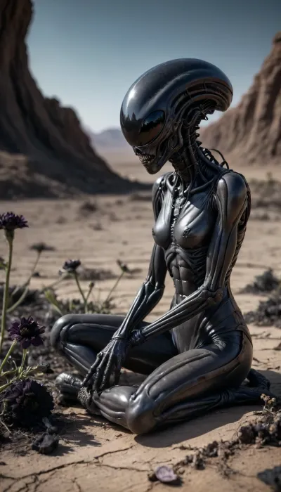 sad alien xenomorh grl sitting near daying wilting space flower lying on cracked ground, in sun desert, ((black flowers)), deep space in background, detailxl, <lora:scifi-horror-000006:.8>