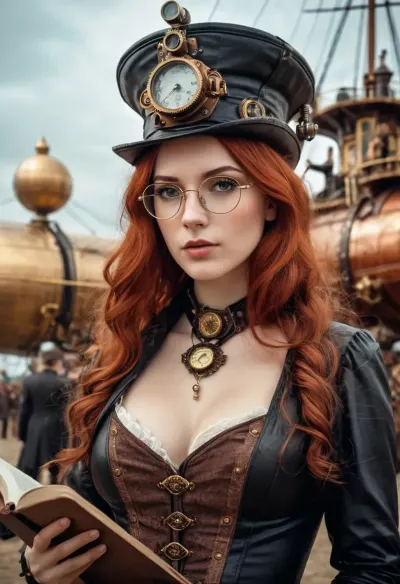 Sexy A girl inventor launches the first airship, steampunk glasses, steampunk Hat with brim, decolte, Full body, tall, perfect legs, some naked body, ((Hold engineering book in hands:1.1)), Breathtaking steampunk beautiful young woman, (steampunk goth wizardress), with long straight red hair, pale skin, (hazel eyes), long eyelashes, (punk-goth girl soft skin, freckles, defined cheek bones, high cheek bones, cheery), ((first airship steampunk city on background:1.2)), magic mist, digital painting, digital illustration, extreme detail, digital art, 4k, ultra hd, Anna Dittmann, greg rutkowski, alyssa monks, hyperrealism, trending on artstation, by Egon Schiele, gustave dore, david mann, vintage photography, beautiful, tumblr aesthetic, retro vintage style, hd photography, Hyper detailed by Magali Villeneuve, Clint Cearley and Ekaterina Burmak, high definition textures, meticulous details, maximalist, shaders, depth, high quality reflections Hyperdetailed Painting By Ismail_Inceoglu Tom Bagshaw Dan Witz CGSociety ZBrush Central Fantasy Art 4K, 1girl, sidelight, frontlight, cinematic_lighting, blush, nsfw, sweat, wet, rain, neiyi1, damimi, mystery of the dark space, dynamic, dramatic