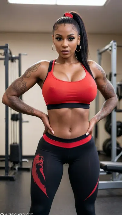 Frontal view, gym wear, bright red, top pulled down, ((tattoos)), sexy slut, sexy, african, melanin, very skinny waist, huge tits, bimbo, bimbo tits, massive tits, big breast dark skin, extremely black skin, outrageously dark skin, nubian, dark nubian, leggings, tight pants, tights, athletic leggings, innocent face, extra long hair, black hair, ponytail, large, breasts, big, boobs, huge, tits, massive breasts, extremely large breasts, tpsp, <lora:bombshell_v2:2>, <lora:Torpedo_Tits_Anime-GMR-000007:2>